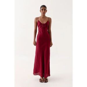 Elegant Red Slip Maxi Dress with Floral Detail